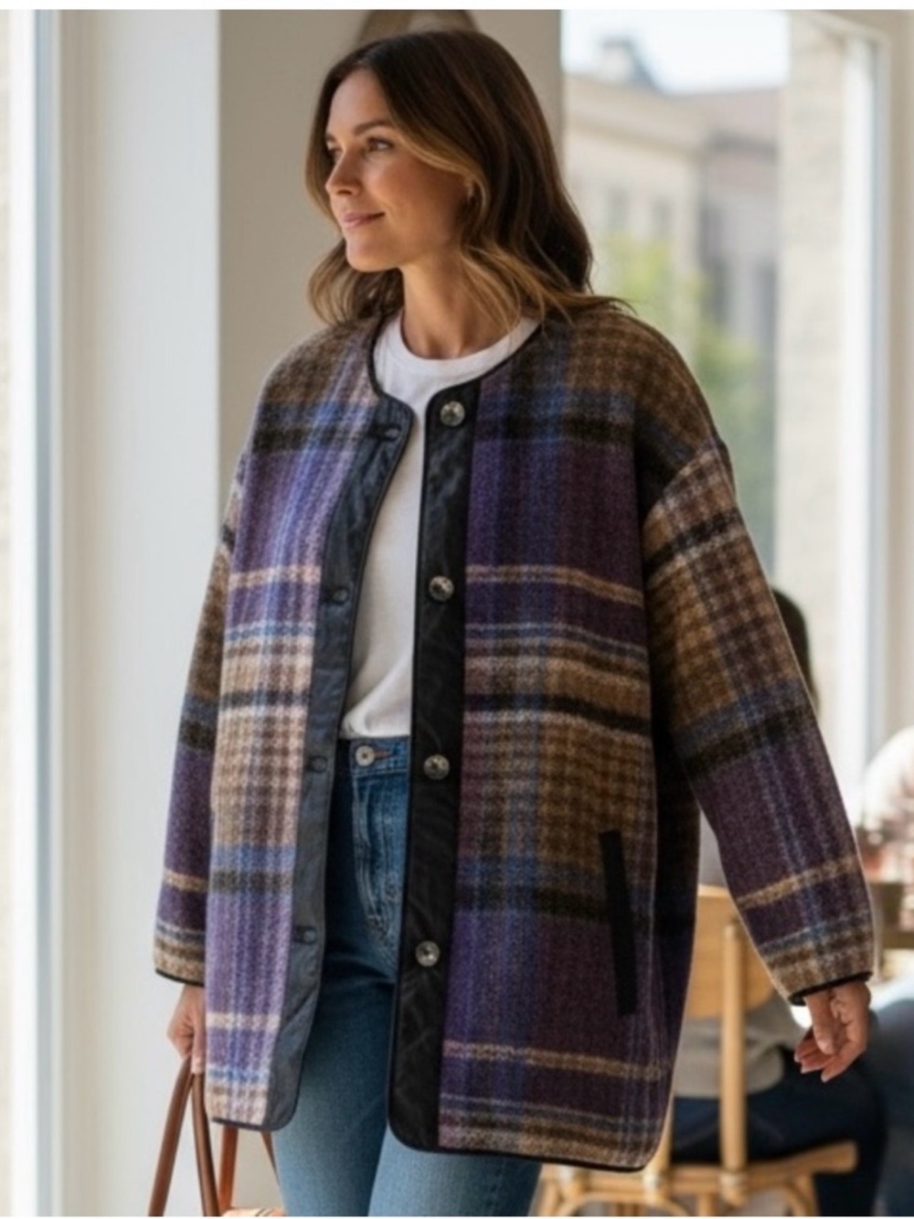 Aritzia Wilfred Plaid Wool-Blend Button-Front Coatigan in Purple and Brown